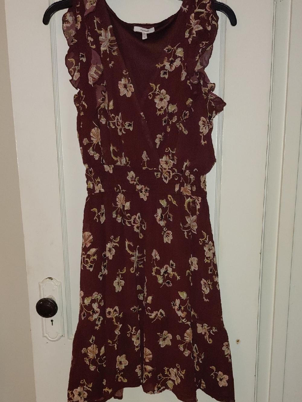 Maurices Burgundy Floral Midi Dress with Ruffle Sleeves